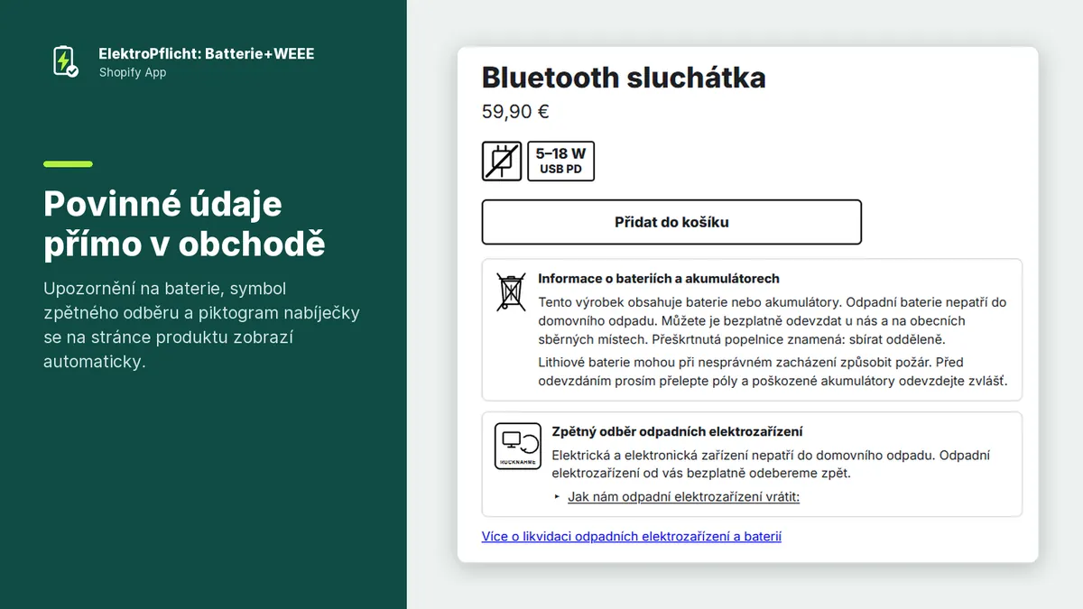 Snímek obrazovky aplikace ElektroPflicht: Povinné údaje přímo v obchodě