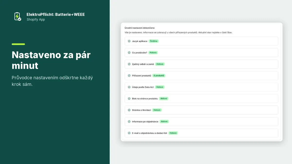 Snímek obrazovky aplikace ElektroPflicht: Nastaveno za pár minut