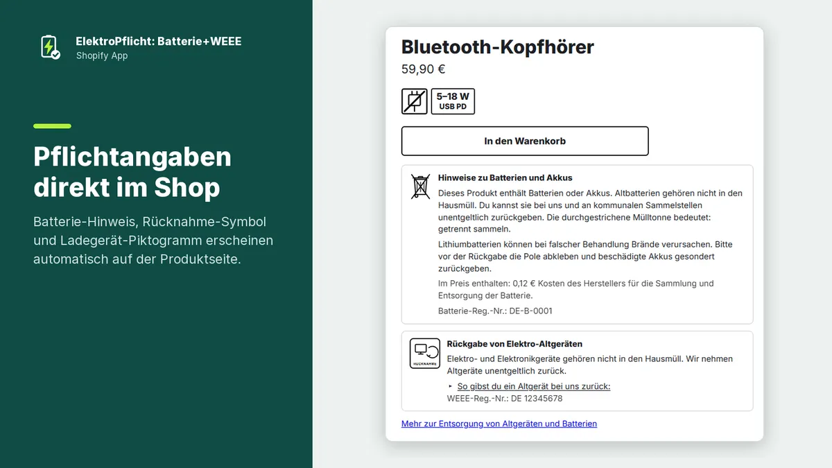 Screenshot der App ElektroPflicht: Pflichtangaben direkt im Shop