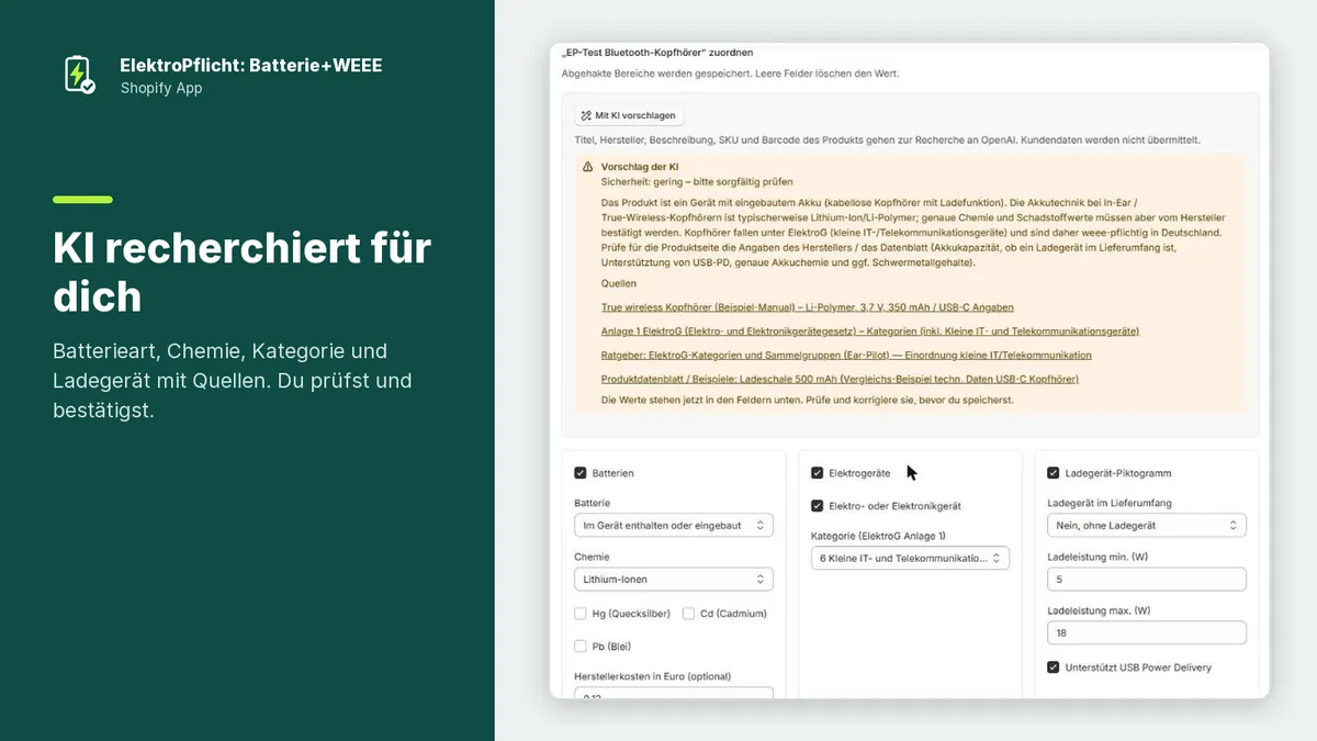 Screenshot der App ElektroPflicht: KI recherchiert für dich