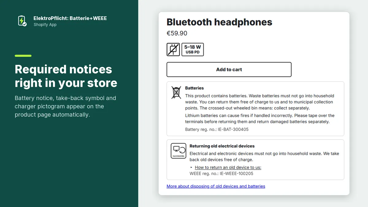 Screenshot of the ElektroPflicht app: Required notices right in your store
