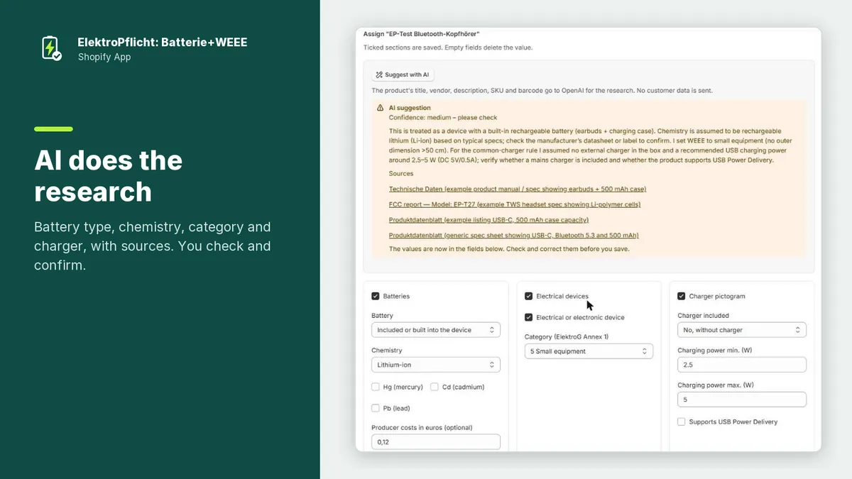 Screenshot of the ElektroPflicht app: AI does the research