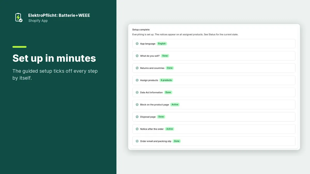 Screenshot of the ElektroPflicht app: Set up in minutes