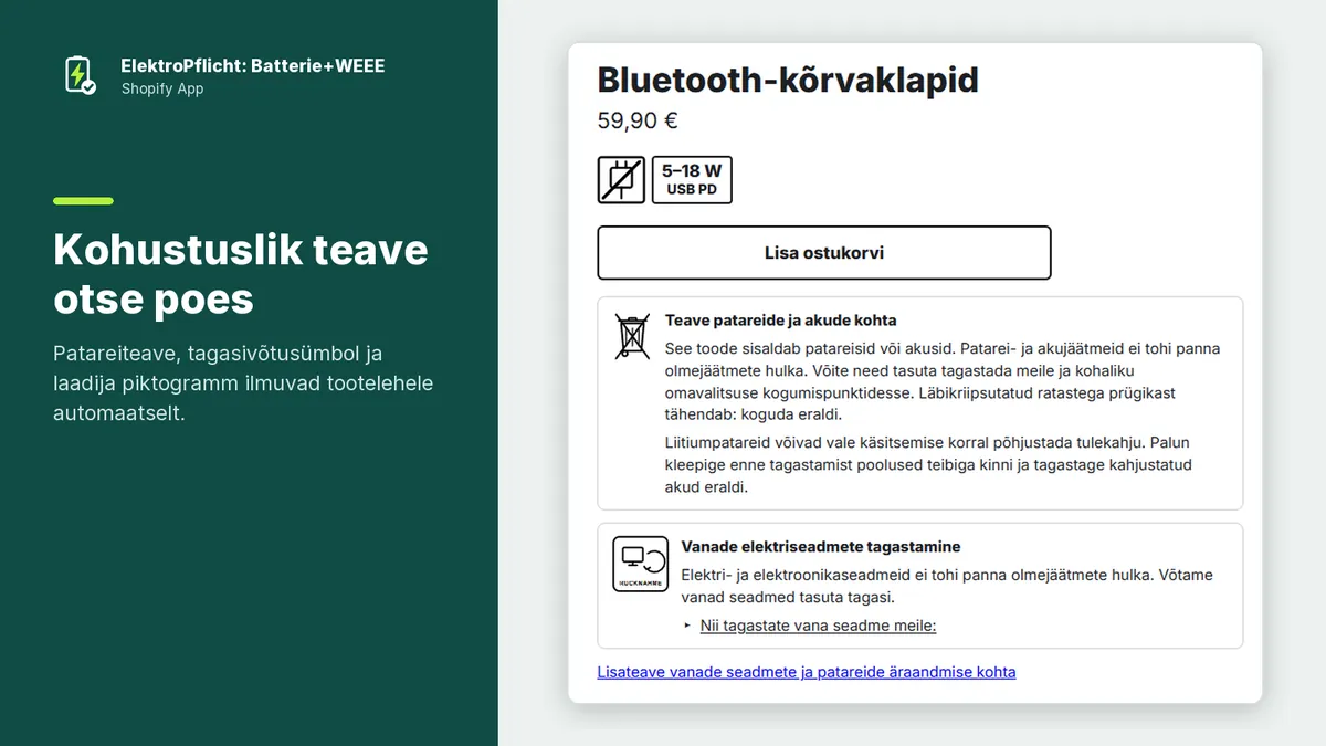 ElektroPflichti rakenduse ekraanipilt: Kohustuslik teave otse poes
