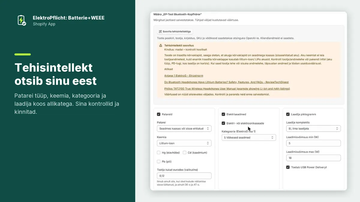 ElektroPflichti rakenduse ekraanipilt: Tehisintellekt otsib sinu eest