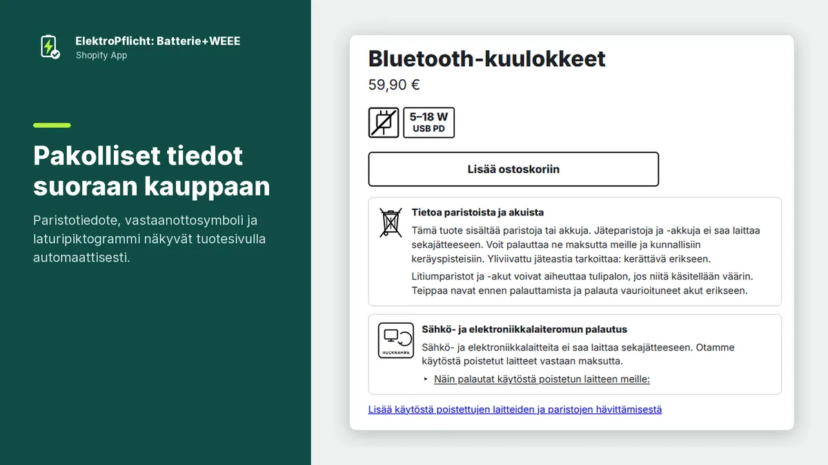 Kuvakaappaus ElektroPflicht-sovelluksesta: Pakolliset tiedot suoraan kauppaan
