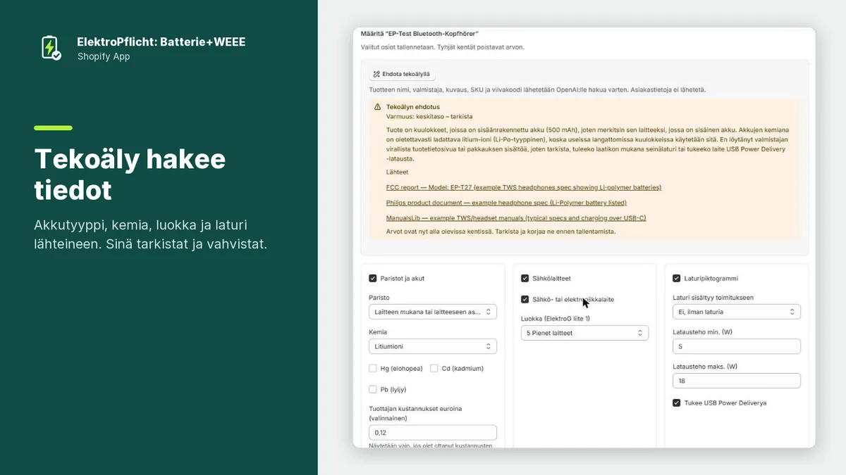 Kuvakaappaus ElektroPflicht-sovelluksesta: Tekoäly hakee tiedot