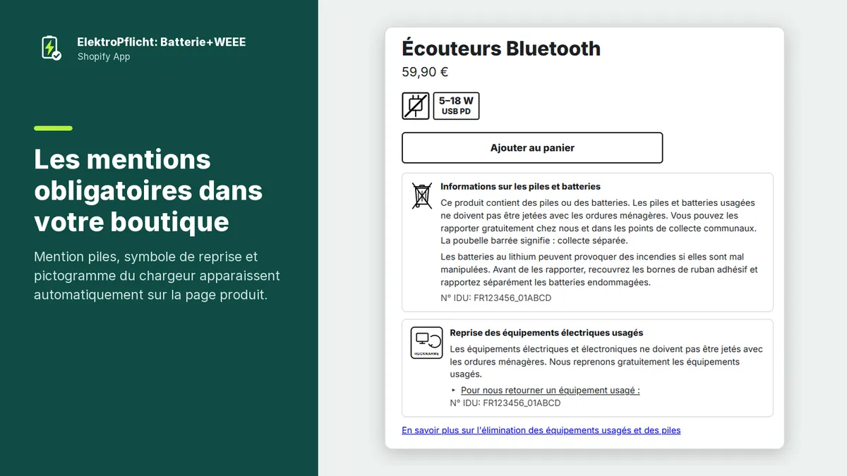 Capture d’écran de l’application ElektroPflicht: Les mentions obligatoires dans votre boutique