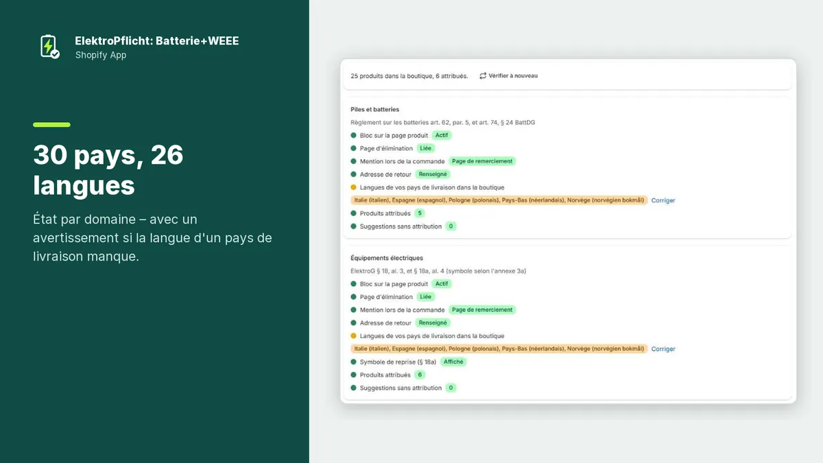 Capture d’écran de l’application ElektroPflicht: 30 pays, 26 langues