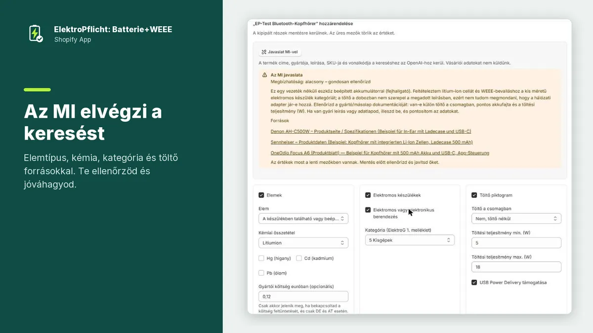 Az ElektroPflicht app képernyőképe: Az MI elvégzi a keresést