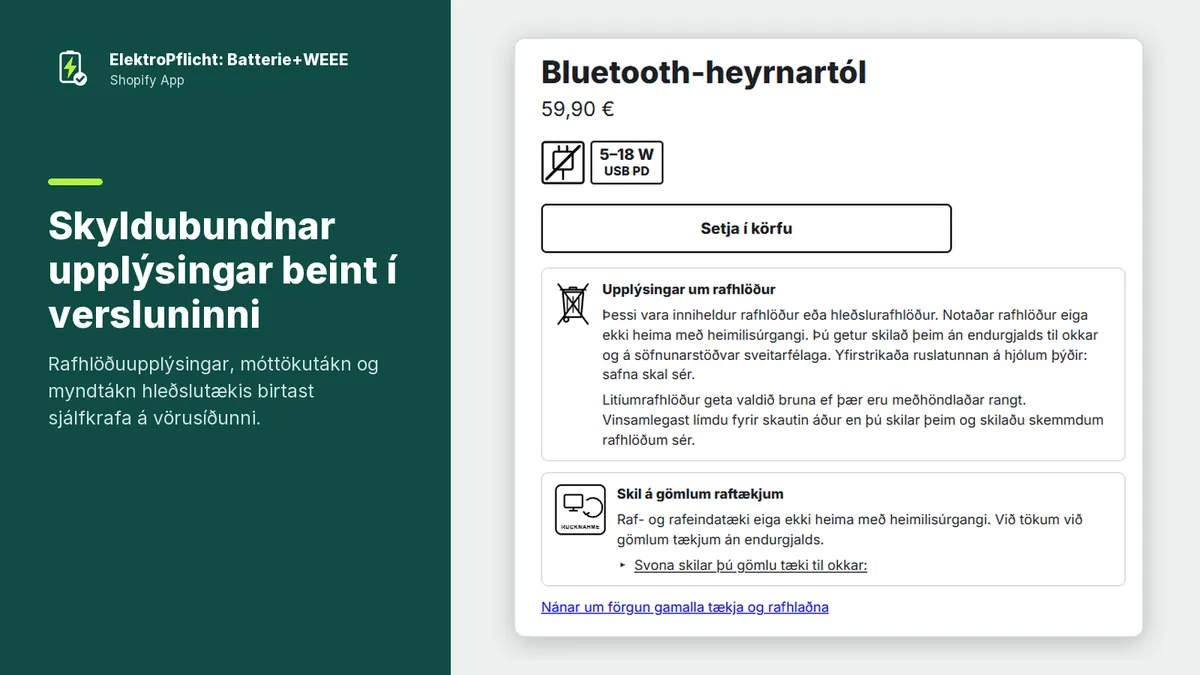 Skjámynd af ElektroPflicht-forritinu: Skyldubundnar upplýsingar beint í versluninni