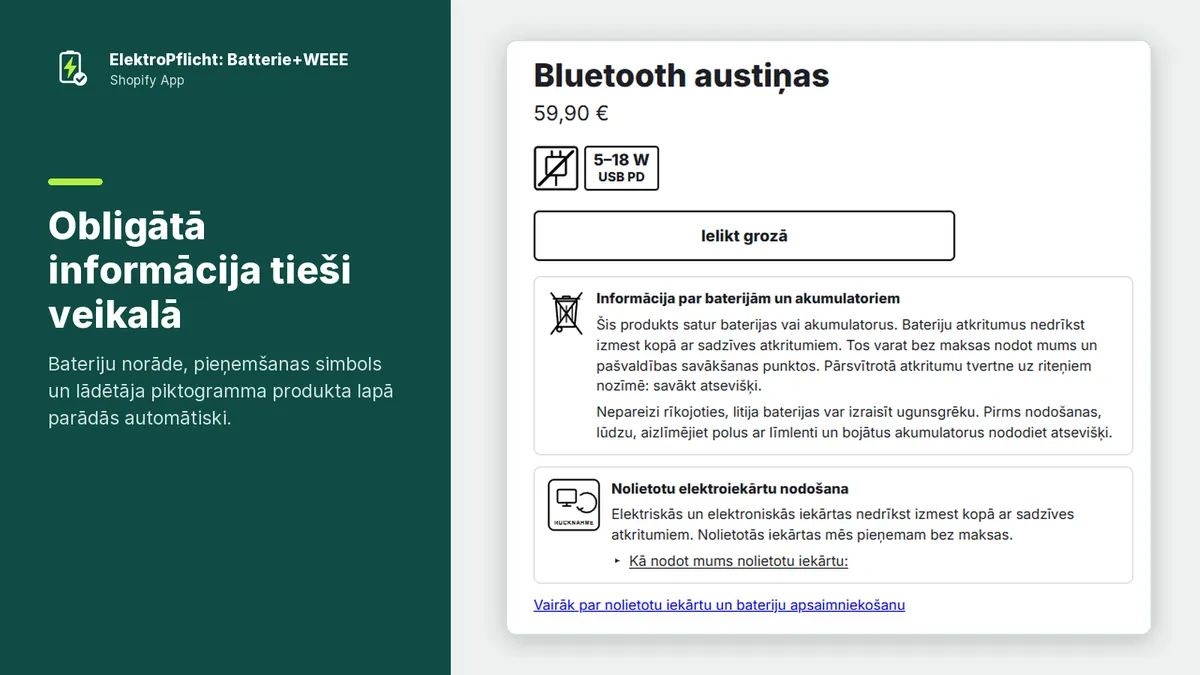 ElektroPflicht lietotnes ekrānuzņēmums: Obligātā informācija tieši veikalā