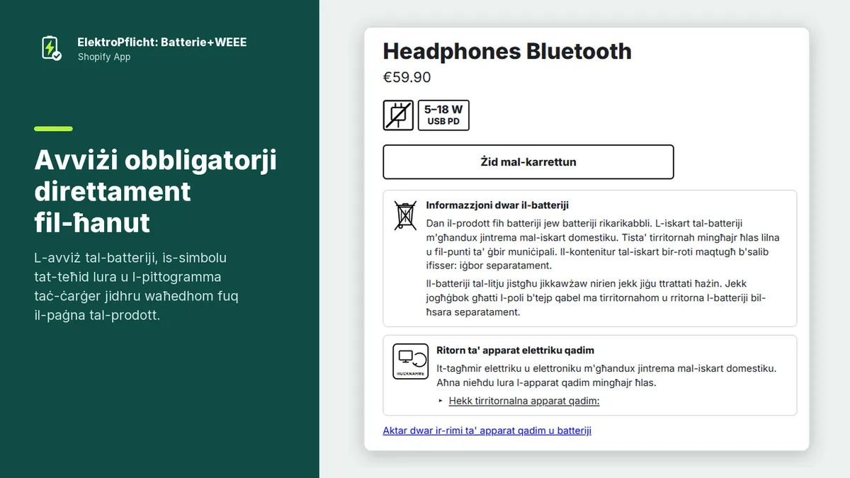 Screenshot tal‑app ElektroPflicht: Avviżi obbligatorji direttament fil-ħanut