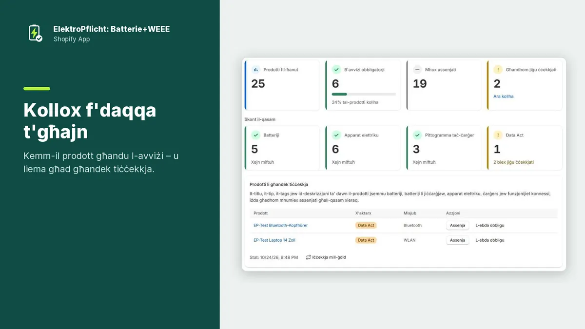 Screenshot tal‑app ElektroPflicht: Kollox f'daqqa t'għajn
