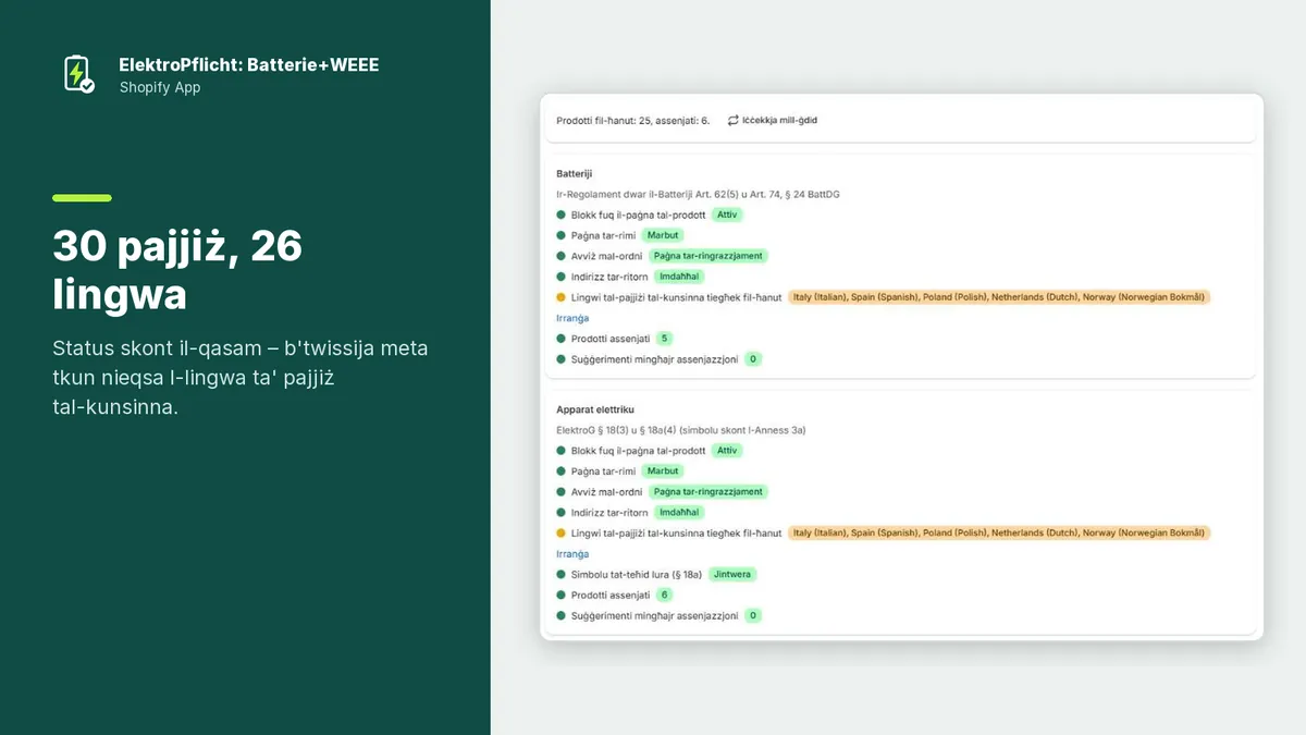 Screenshot tal‑app ElektroPflicht: 30 pajjiż, 26 lingwa
