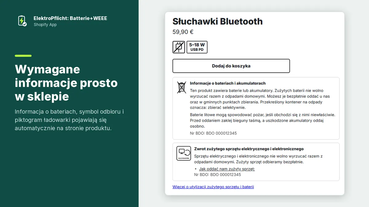 Zrzut ekranu aplikacji ElektroPflicht: Wymagane informacje prosto w sklepie