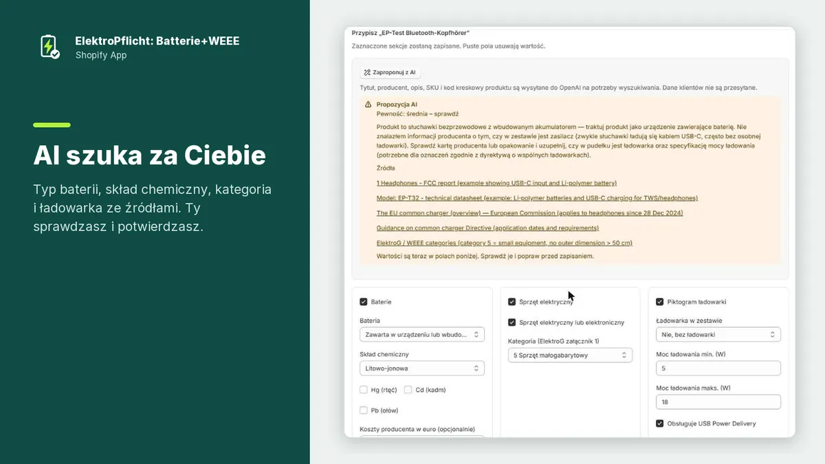 Zrzut ekranu aplikacji ElektroPflicht: AI szuka za Ciebie