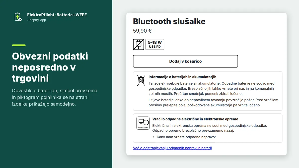 Posnetek zaslona aplikacije ElektroPflicht: Obvezni podatki neposredno v trgovini