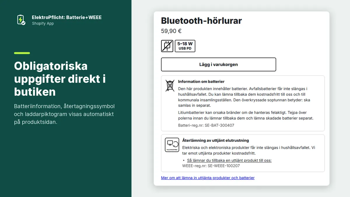 Skärmbild av appen ElektroPflicht: Obligatoriska uppgifter direkt i butiken