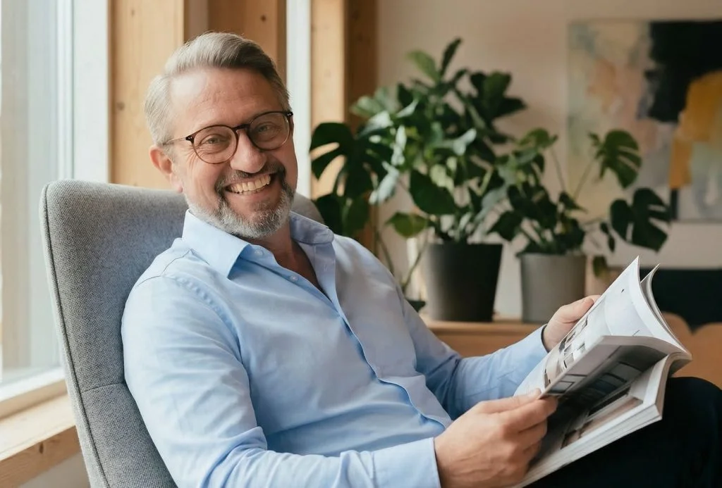 Rolf Mai, business partner at Cronema, smiling in an armchair with a magazine